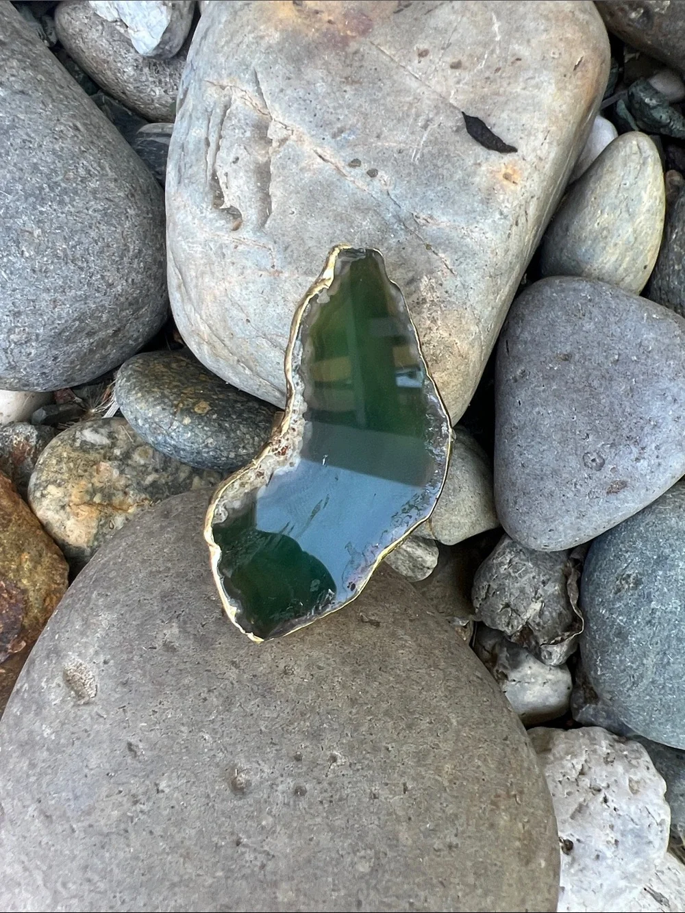 Green Agate Statement Ring with Gold Edge -adjustable